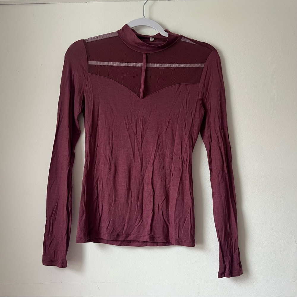 Elegant Dark Mauve Long Sleeve Top with Front Mesh Panel